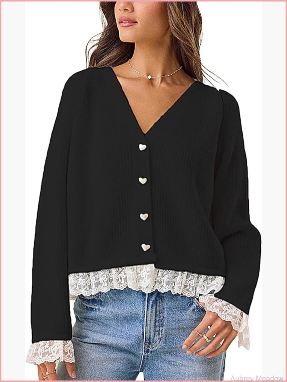 Elegant Lace Trim V-Neck Cardigan Sweater Open Front